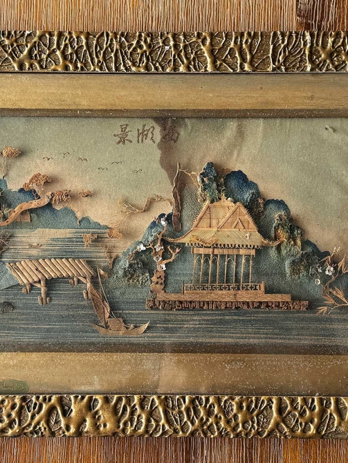 Antique Chinese Carved Cork Landscape Diorama in Ornate Gold Frame