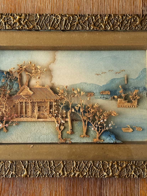 Vintage Chinese Carved Cork Landscape Diorama in Ornate Gold Frame