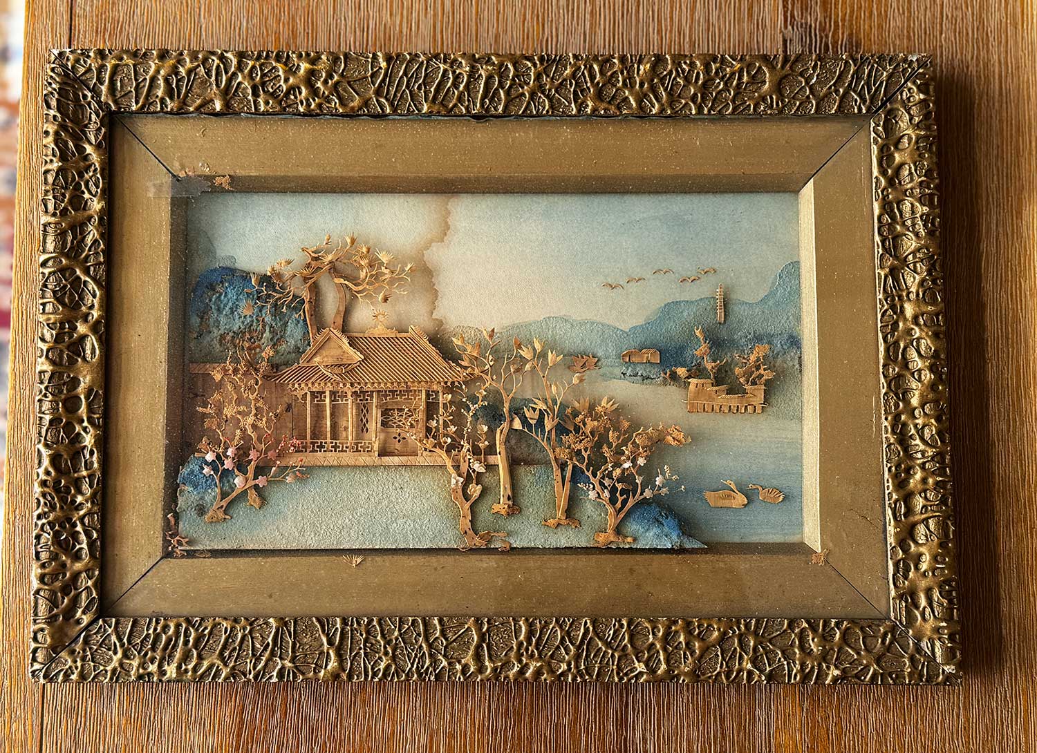 Vintage Chinese Carved Cork Landscape Diorama in Ornate Gold Frame